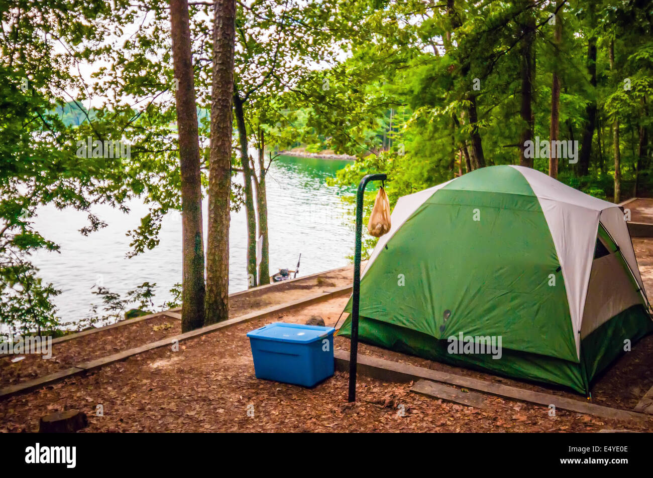 tent in forest on campground by the lake Stock Photo - Alamy