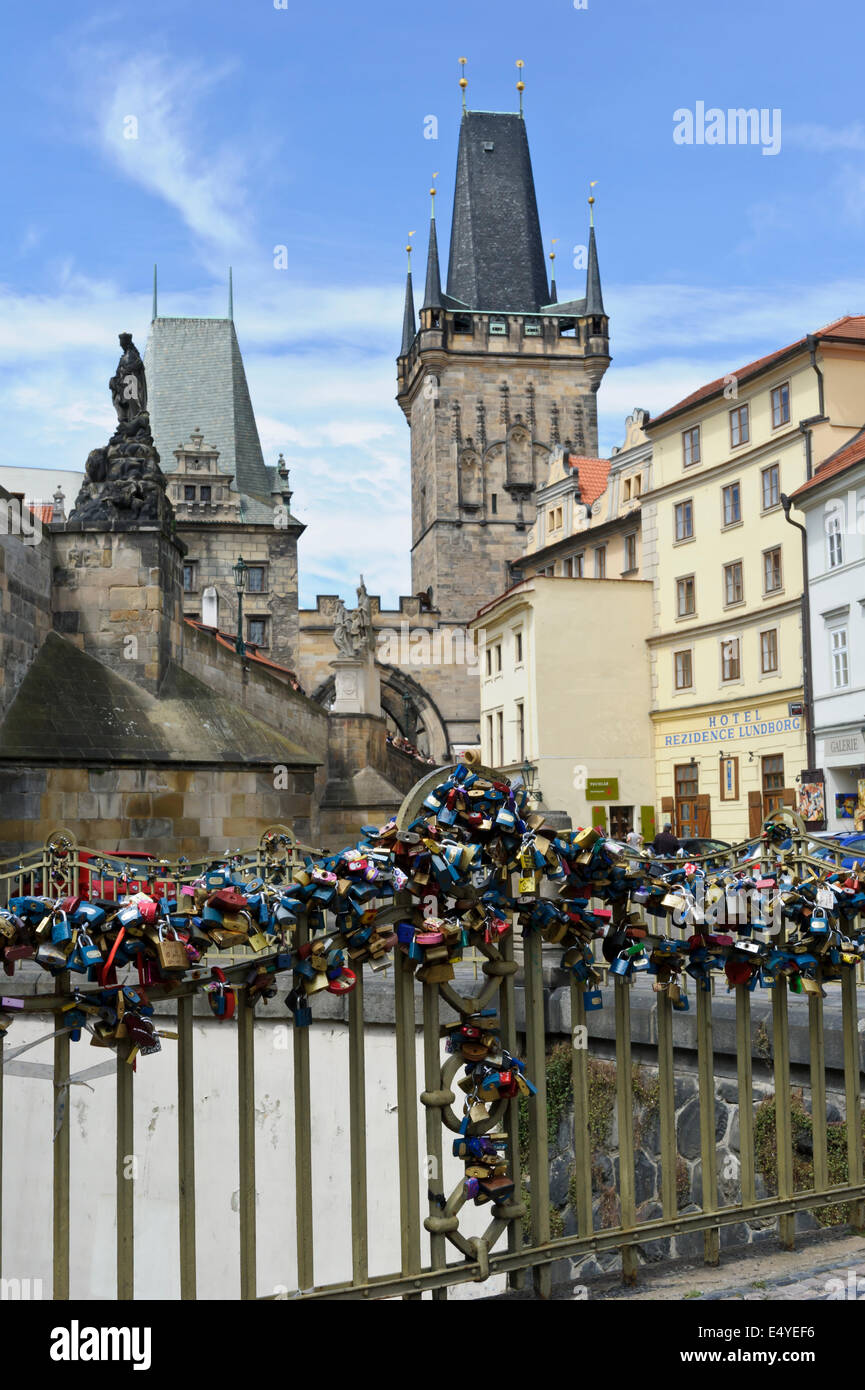Bridge decorated with padlocks symbolizing loving commitment with the