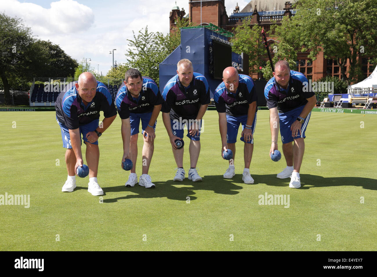Kelvingrove Lawn Bowls Centre, Glasgow, Scotland, UK, Thursday, 17th July, 2014. Team Scotland Men's Team in the venue for the 2014 Commonwealth Games Lawn Bowls Competition left to right, Alex Marshall, Neils Speirs, Darren Burnett, David Peacock and Paul Foster Stock Photo