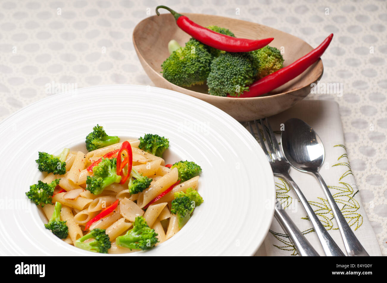 Italian penne pasta with broccoli and chili pepper Stock Photo