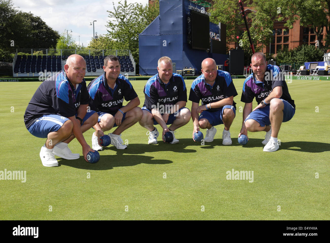 Kelvingrove Lawn Bowls Centre, Glasgow, Scotland, UK, Thursday, 17th July, 2014. Team Scotland Men's Team in the venue for the 2014 Commonwealth Games Lawn Bowls Competition left to right, Alex Marshall, Neil Speirs, Darren Burnett, David Peacock and Paul Foster Stock Photo