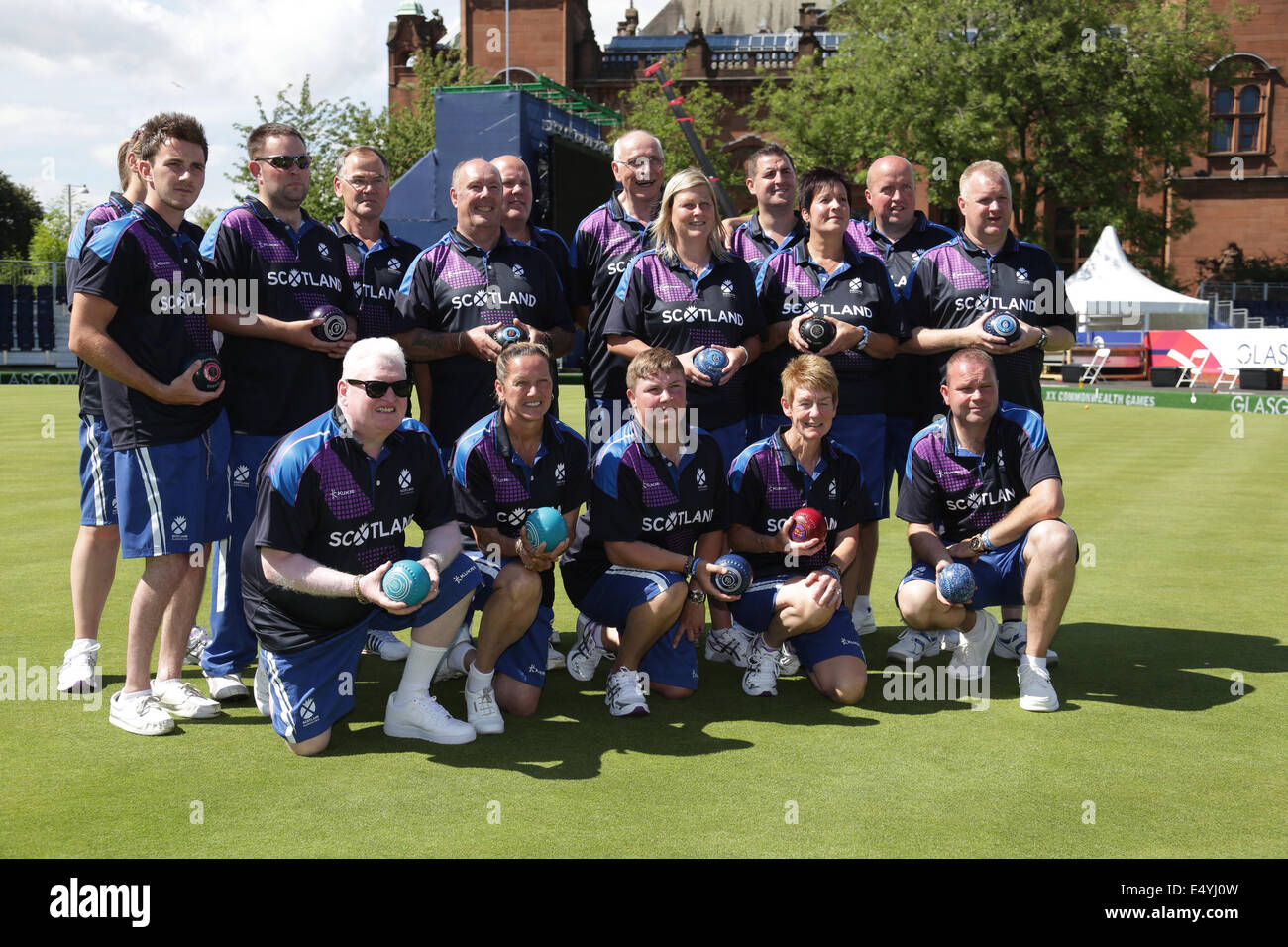 Kelvingrove Lawn Bowls Centre, Glasgow, Scotland, UK, Thursday, 17th July, 2014. Team Scotland Men's, Women's and Para-Sport Lawn Bowls Teams in the venue for the 2014 Commonwealth Games Lawn Bowls Competition Stock Photo