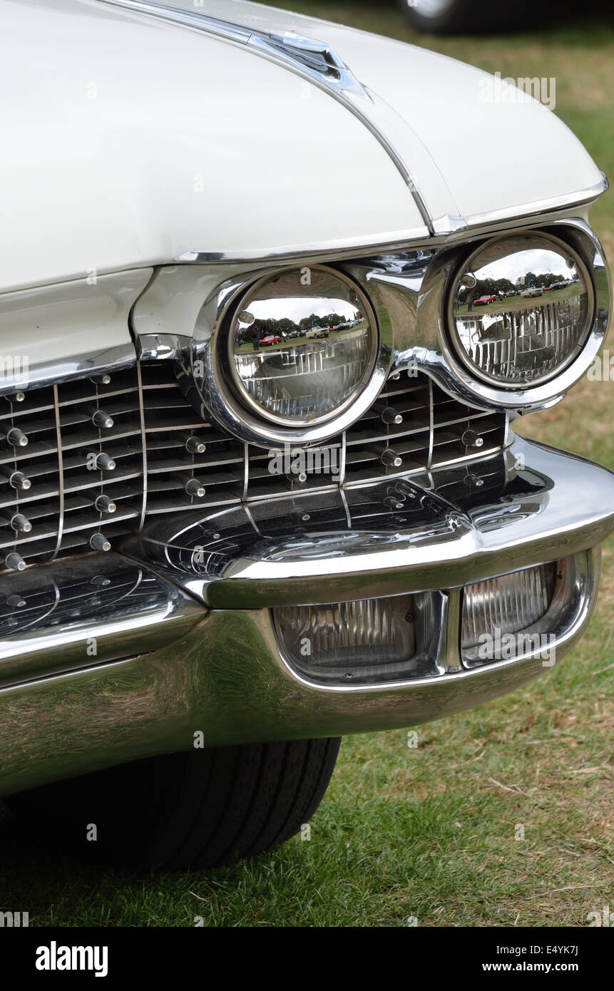 White classic car detail with headlamps Stock Photo