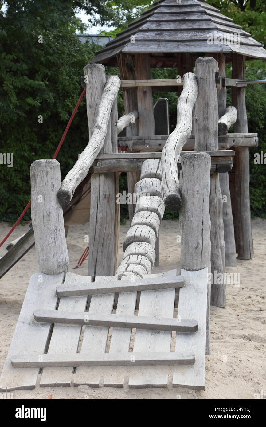 Rustic wooden playground equipment Stock Photo