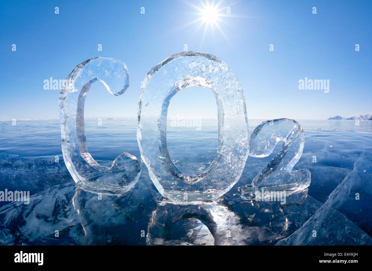 Icy chemical formula of carbon dioxide CO2 Stock Photo