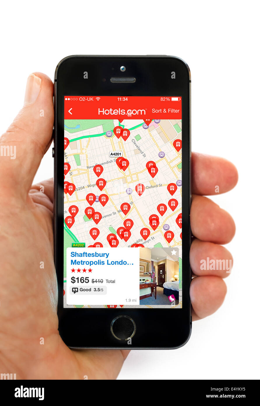 The Hotels.com app on an Apple iPhone 5S, UK Stock Photo