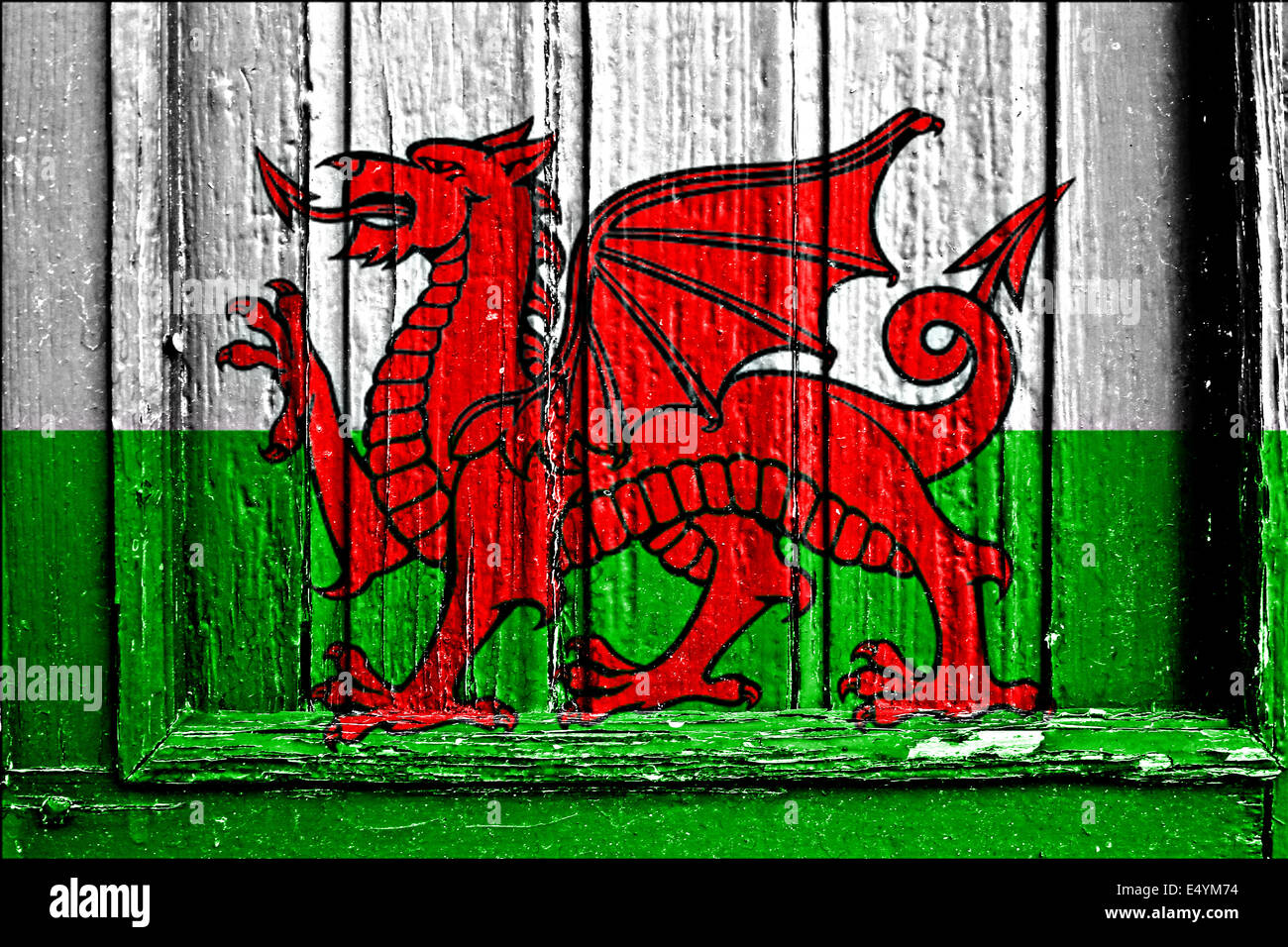 flag of Wales painted on wooden frame Stock Photo