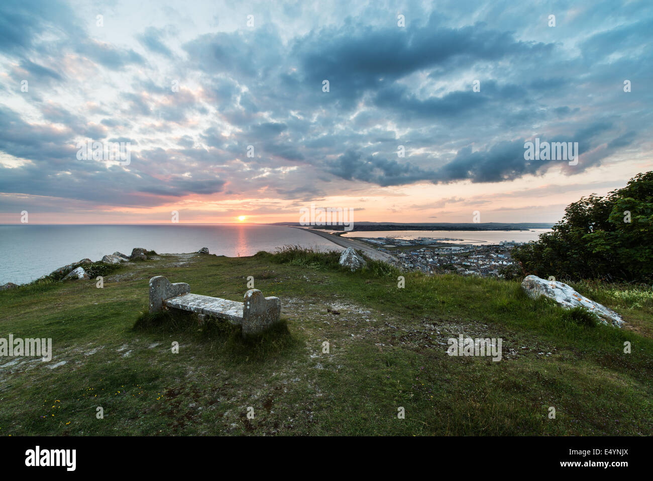 Chesil Beach at Sunset, from Portland Heights, Dorset, UK Stock Photo
