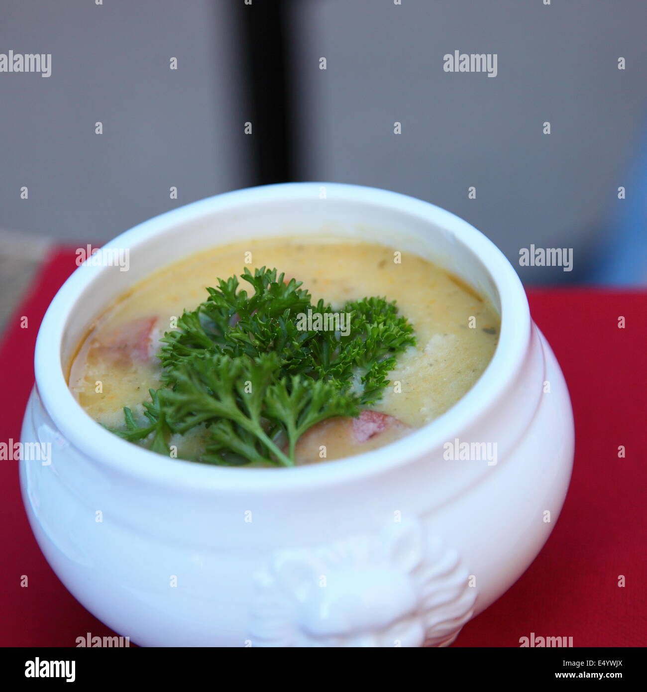 Bowl of hot soup garnished with parsley Stock Photo