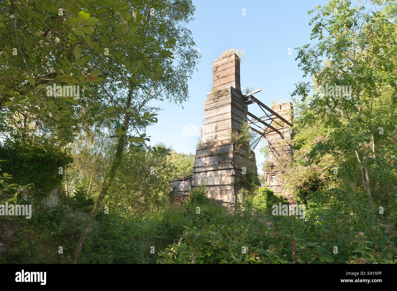 Surrey county equivalent of a tin mine derelict lime works tower hidden by the trees stand against skyline Stock Photo