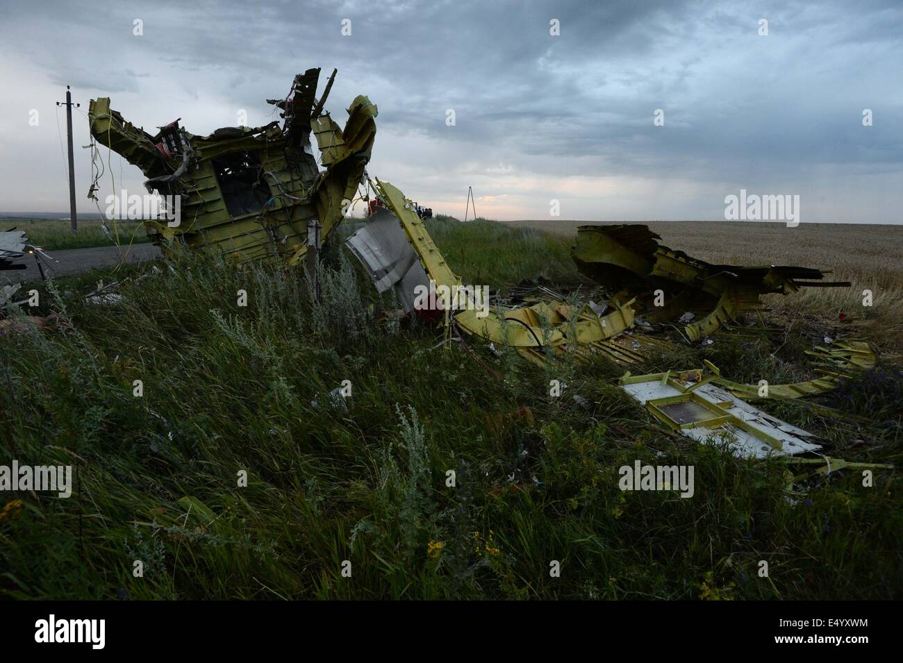 Grabovo, Ukraine. 17th July, 2014. Photo taken on July 17, 2014 shows the debris at the crash site of a passenger plane near the village of Grabovo, Ukraine. A Malaysian flight crashed Thursday in eastern Ukraine near the Russian border, with all the 280 passengers and 15 crew members on board reportedly having been killed. Credit:  RIA Novosti/Xinhua/Alamy Live News Stock Photo