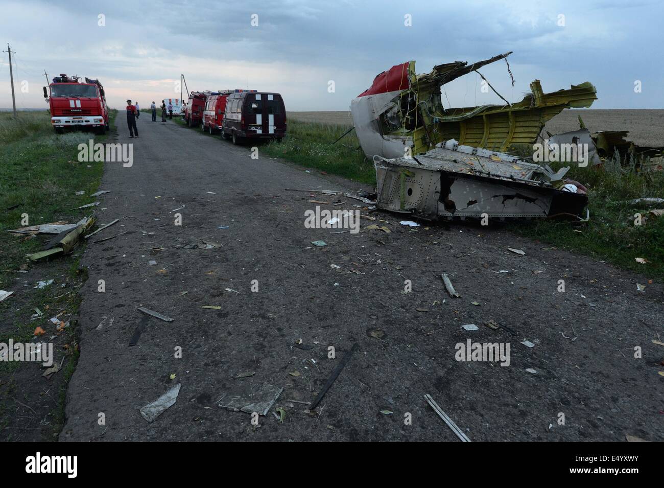 Grabovo, Ukraine. 17th July, 2014. Photo taken on July 17, 2014 shows the debris at the crash site of a passenger plane near the village of Grabovo, Ukraine. A Malaysian flight crashed Thursday in eastern Ukraine near the Russian border, with all the 280 passengers and 15 crew members on board reportedly having been killed. Credit:  RIA Novosti/Xinhua/Alamy Live News Stock Photo