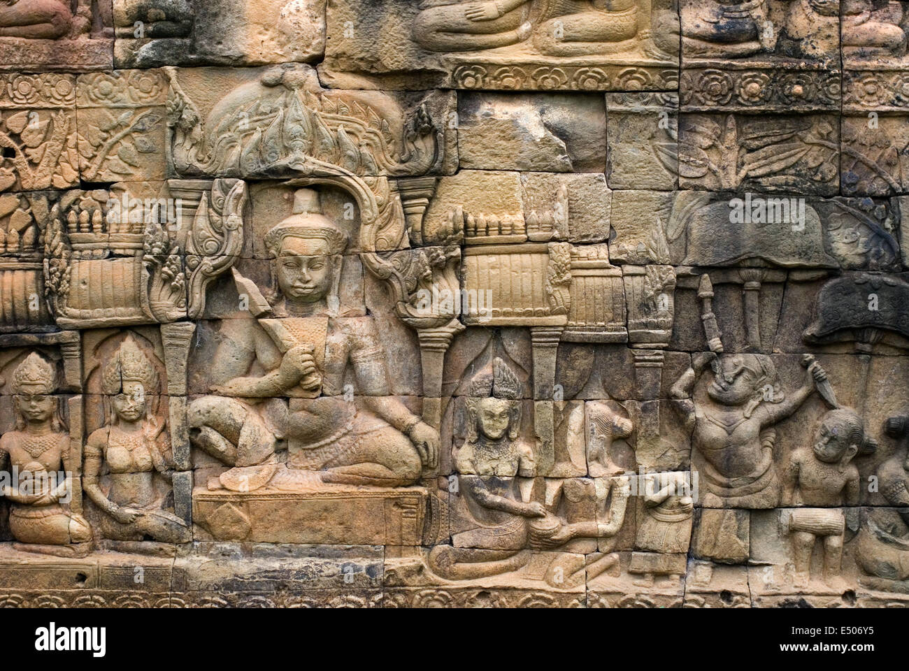 Bas-relief on the terrace of Leper King. Angkor Thom. The Terrace of the Leper King (or Leper King Terrace), (Preah Learn Sdech Stock Photo