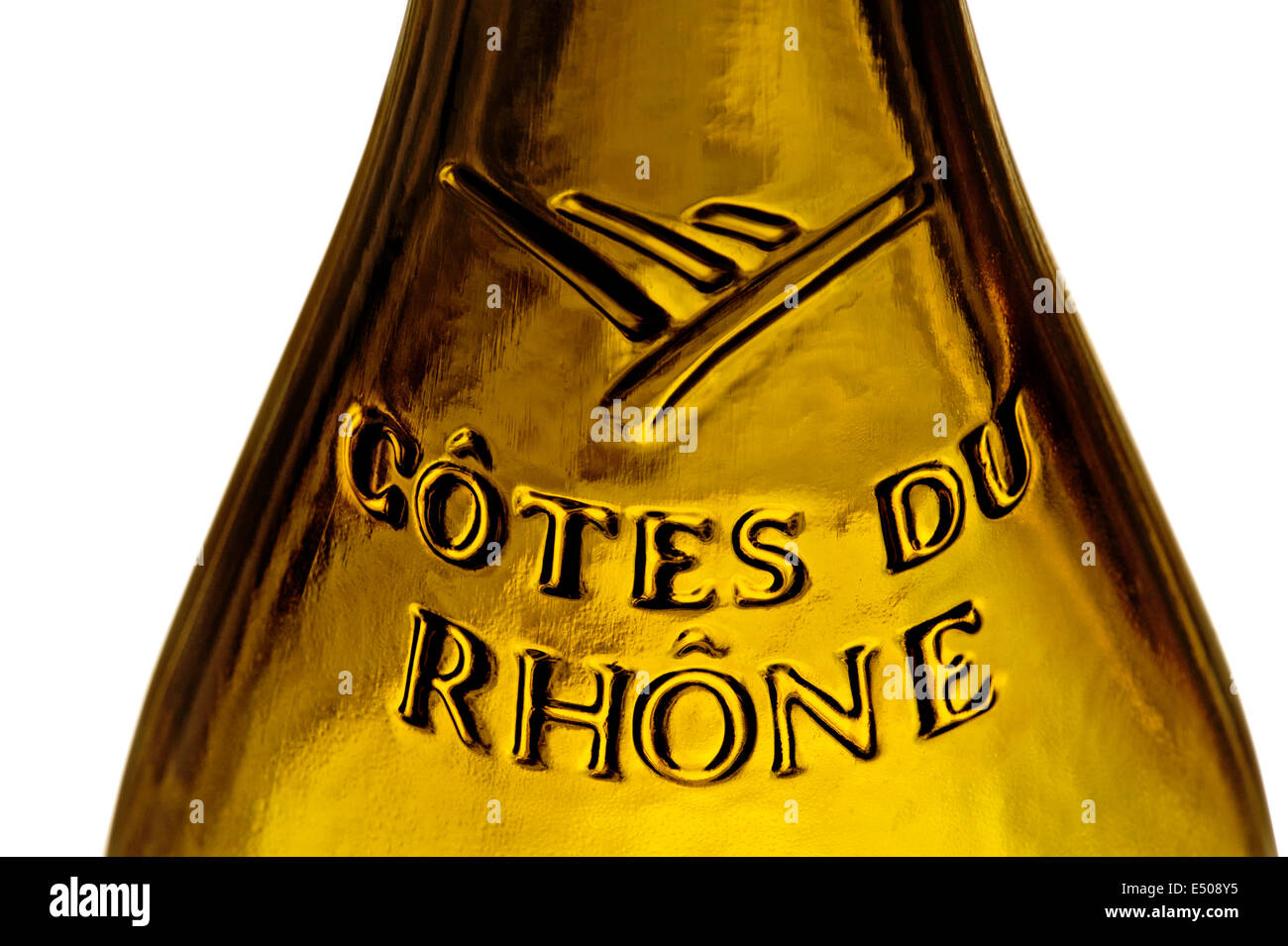 Cotes du Rhone wine view on the glass relief label on a bottle of French Cotes du Rhone wine Stock Photo