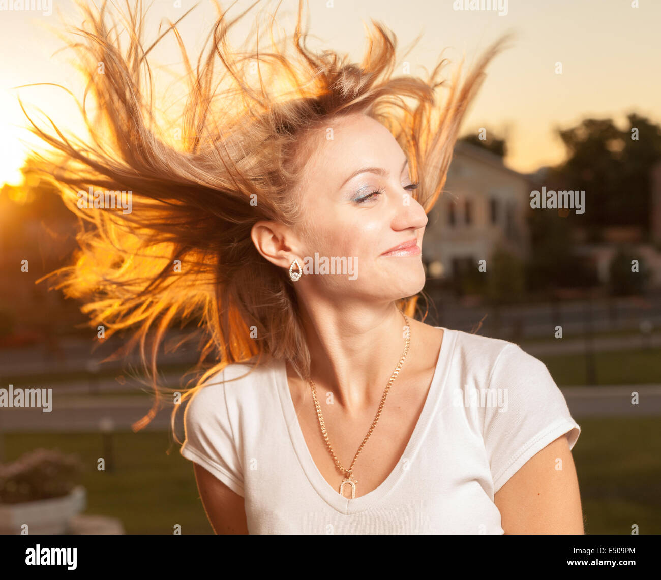 blond wind sunset Stock Photo