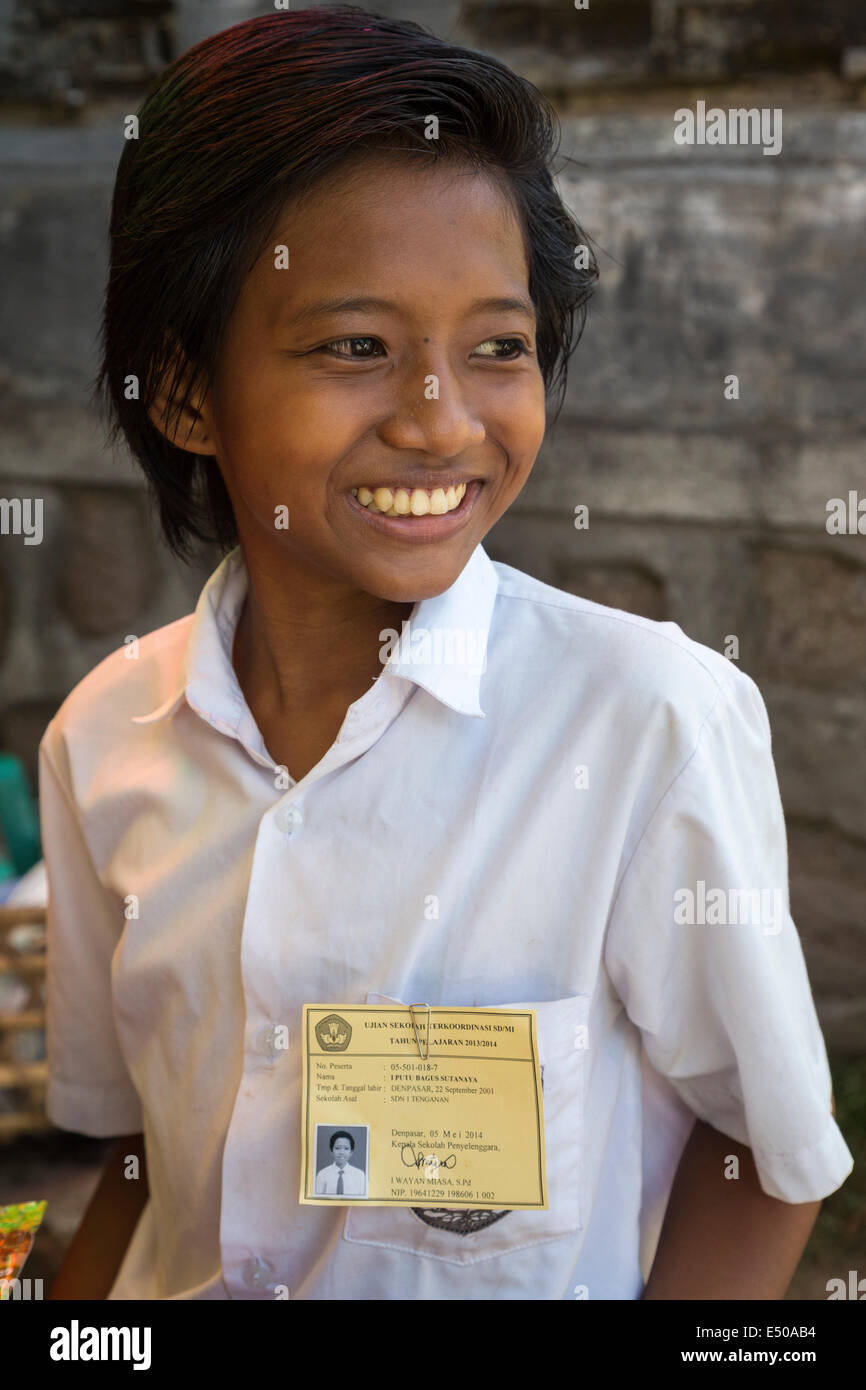 Bali, Indonesia.   Teenage Schoolgirl.  Tenganan Village. Stock Photo
