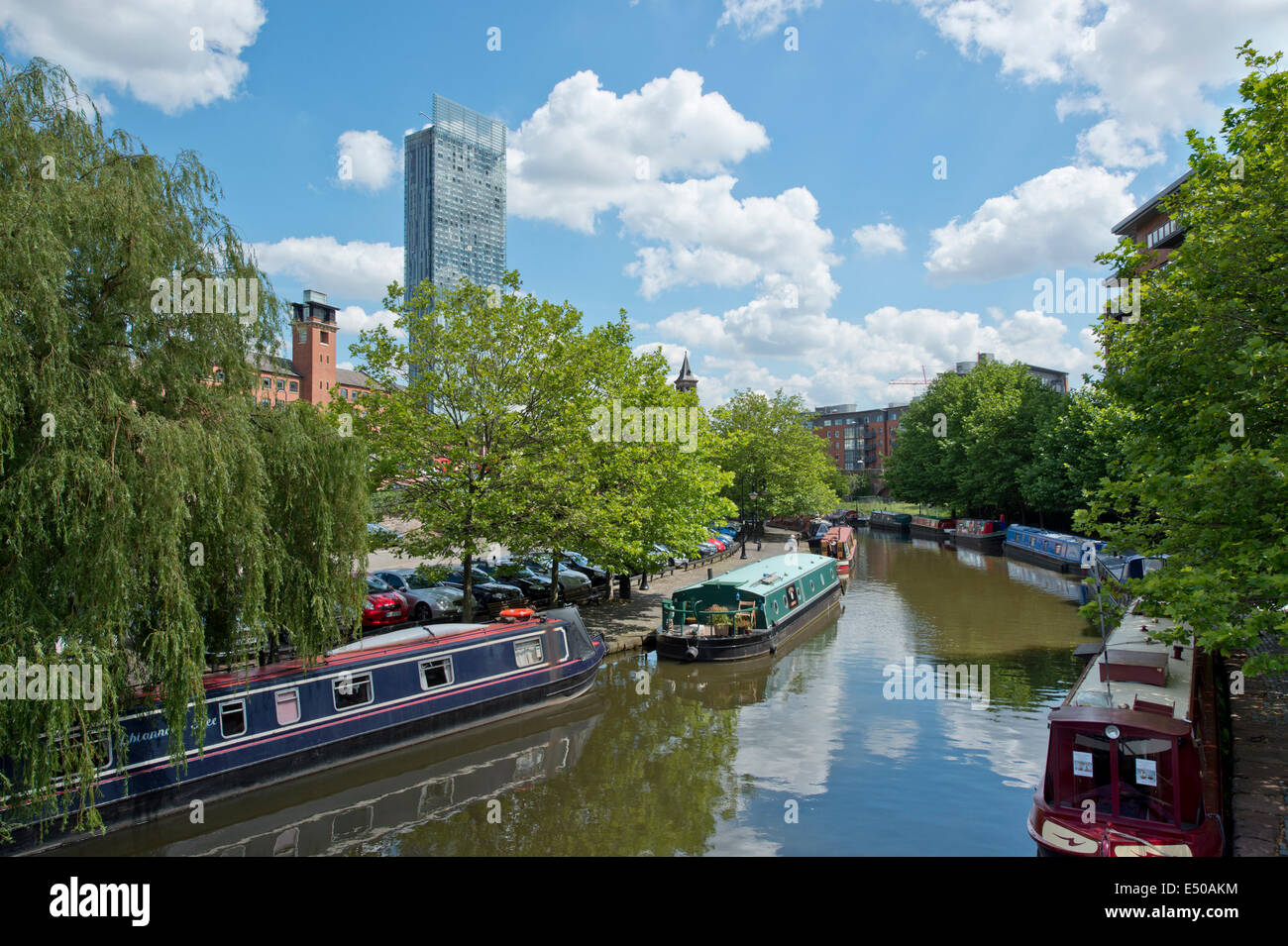 The Castlefield Urban Heritage Park and historic inner city canal conservation area including Beetham Tower in Manchester, UK. Stock Photo