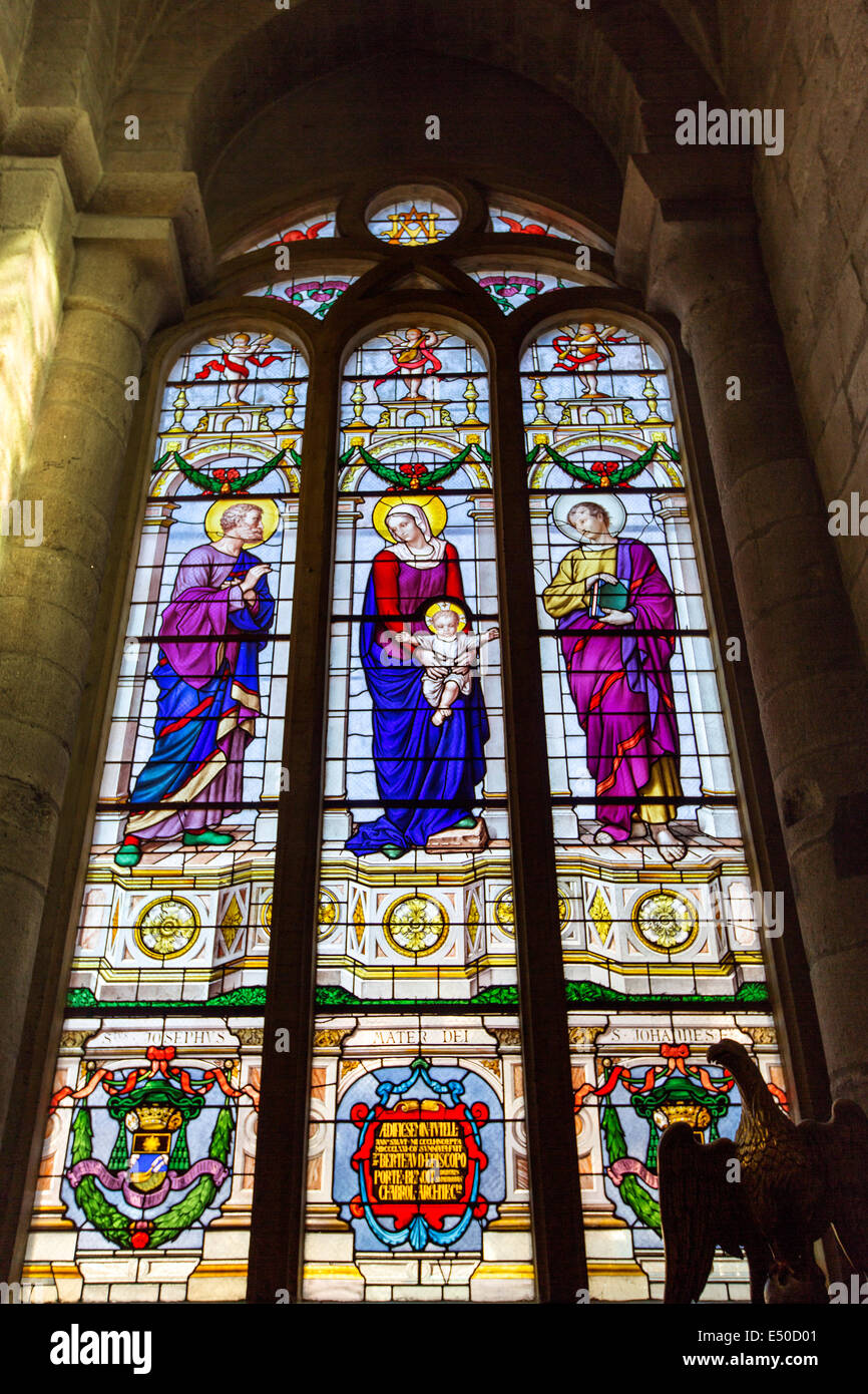 Stained glass by Pierre Soulages Romanesque abbey Sainte-Foy Saint James Way Conques Concas medieval village France Stock Photo