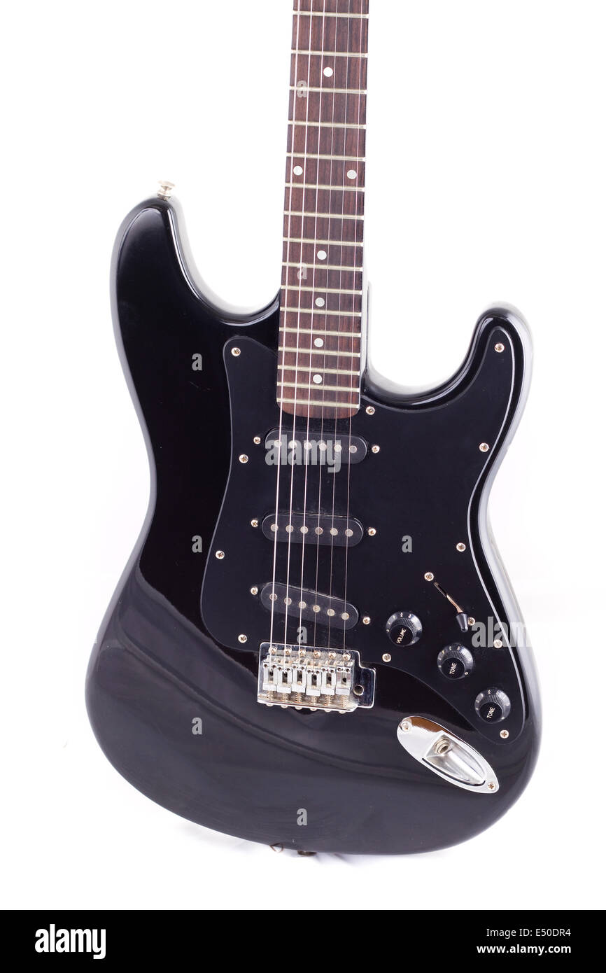 Black electric guitar on white background Stock Photo - Alamy