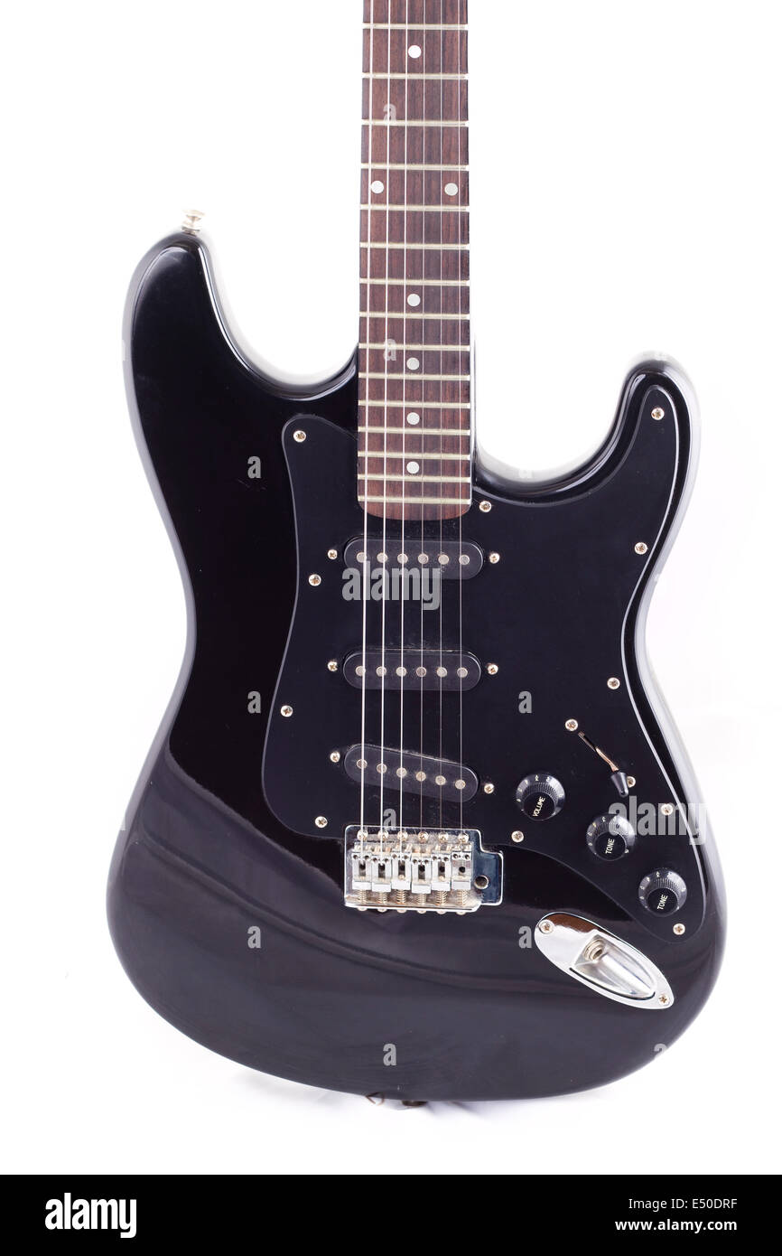 Black electric guitar on white background Stock Photo - Alamy