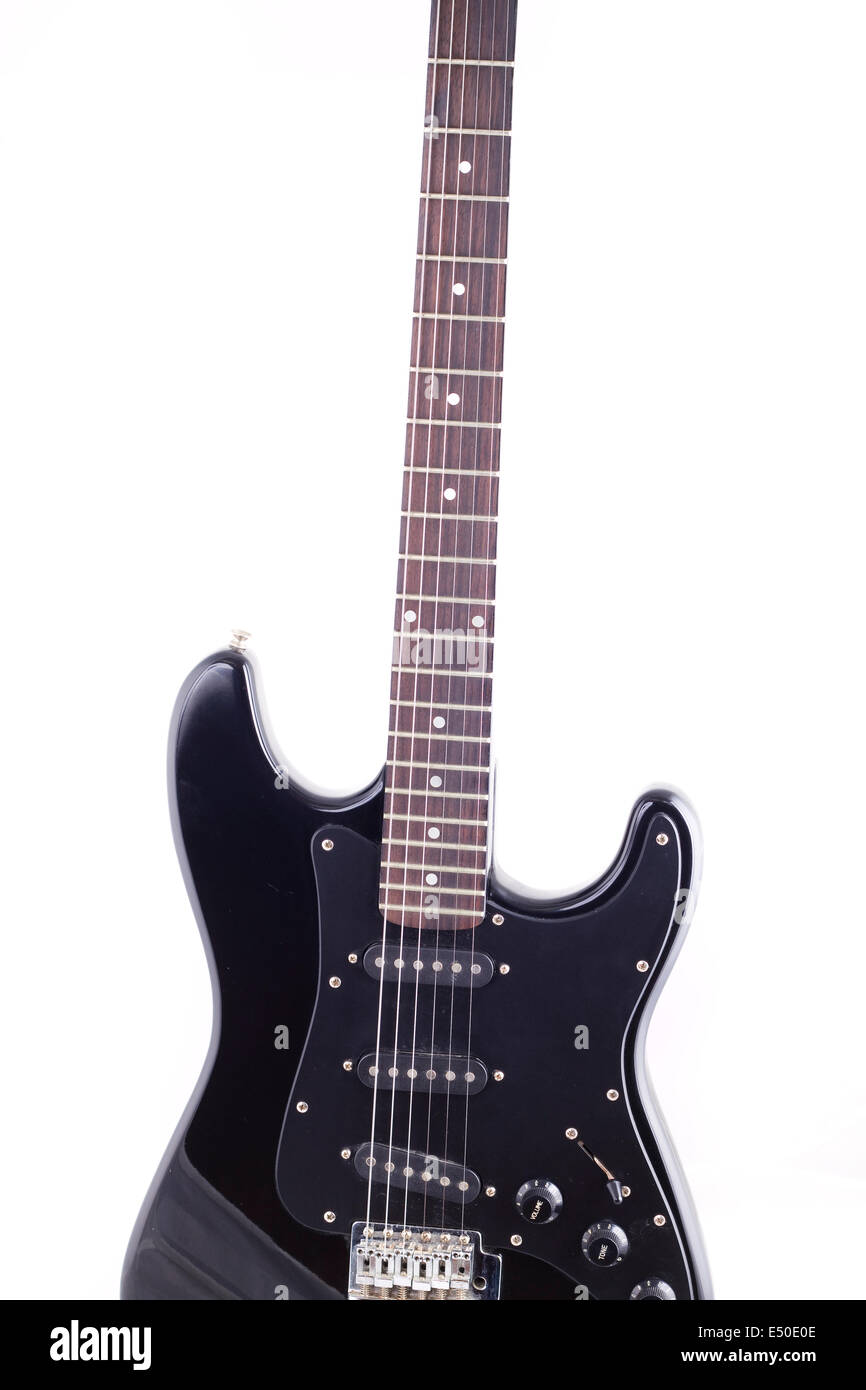 Black electric guitar on white background Stock Photo - Alamy