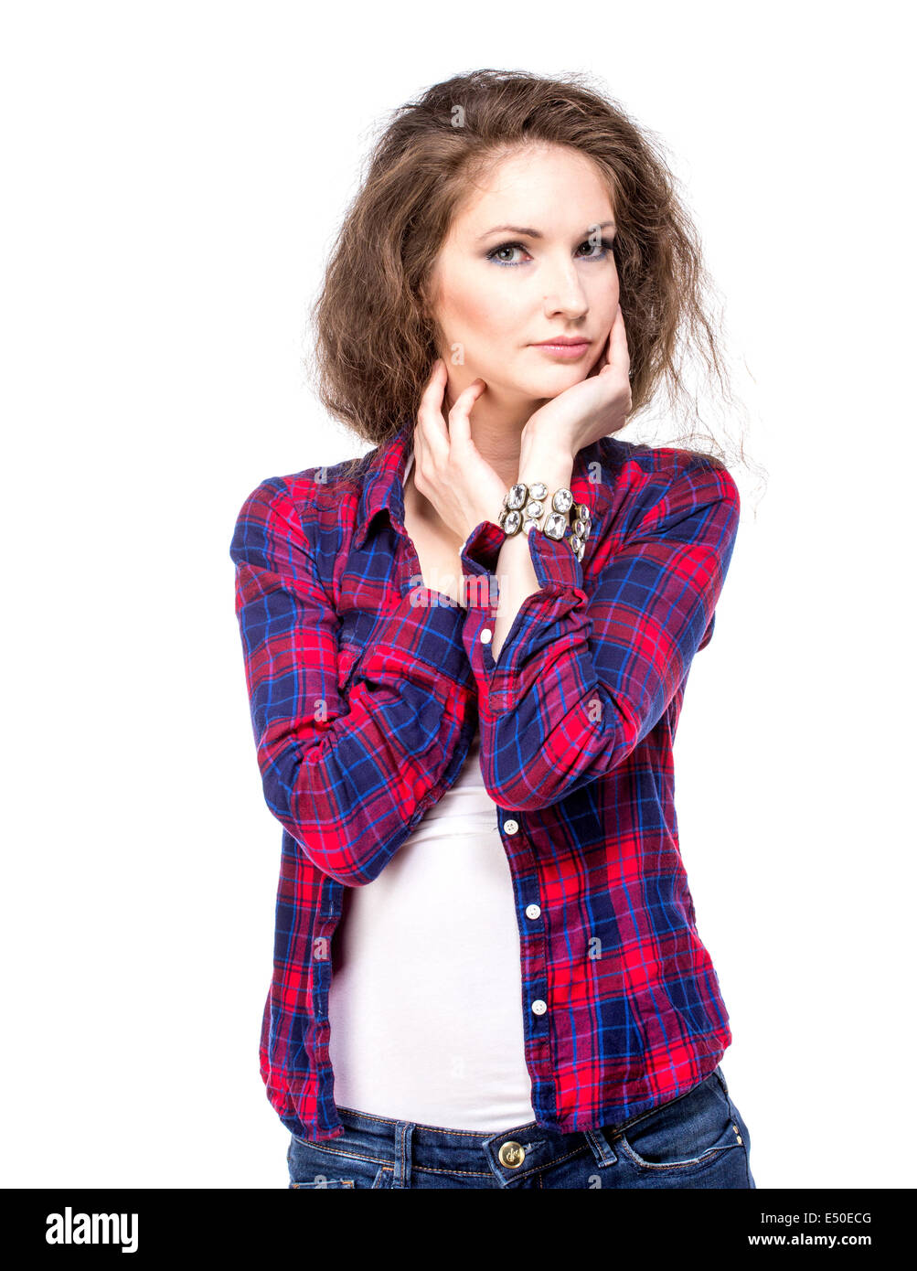 Attractive young woman in a checkered shirt Stock Photo - Alamy