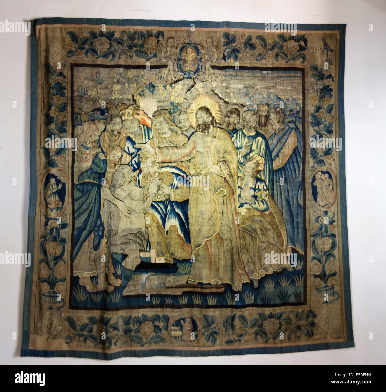 Tapestry resurrection of Lazarus Conques Concas Saint James Way medieval village France Stock Photo