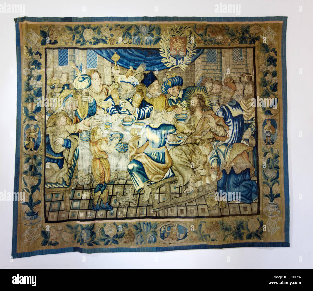 Tapestry The Last Supper of Jesus Christ Conques Concas Saint James Way medieval village France Stock Photo