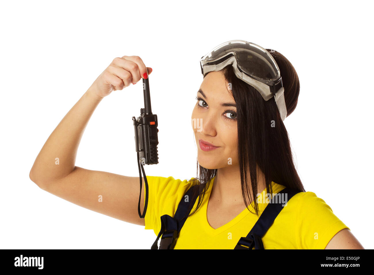 Woman hold cb radio. Stock Photo