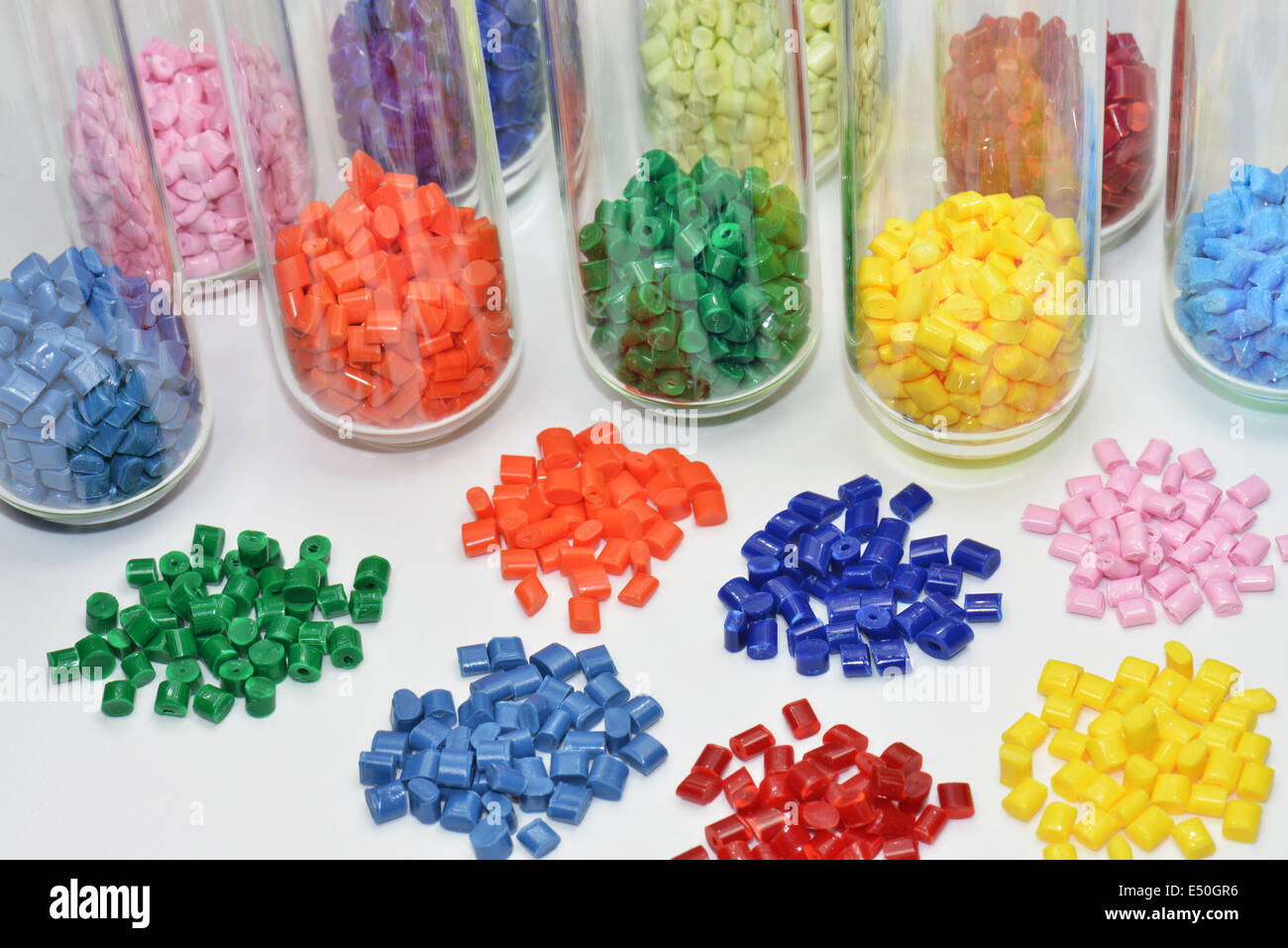 colored polymer resins in test-glasses Stock Photo
