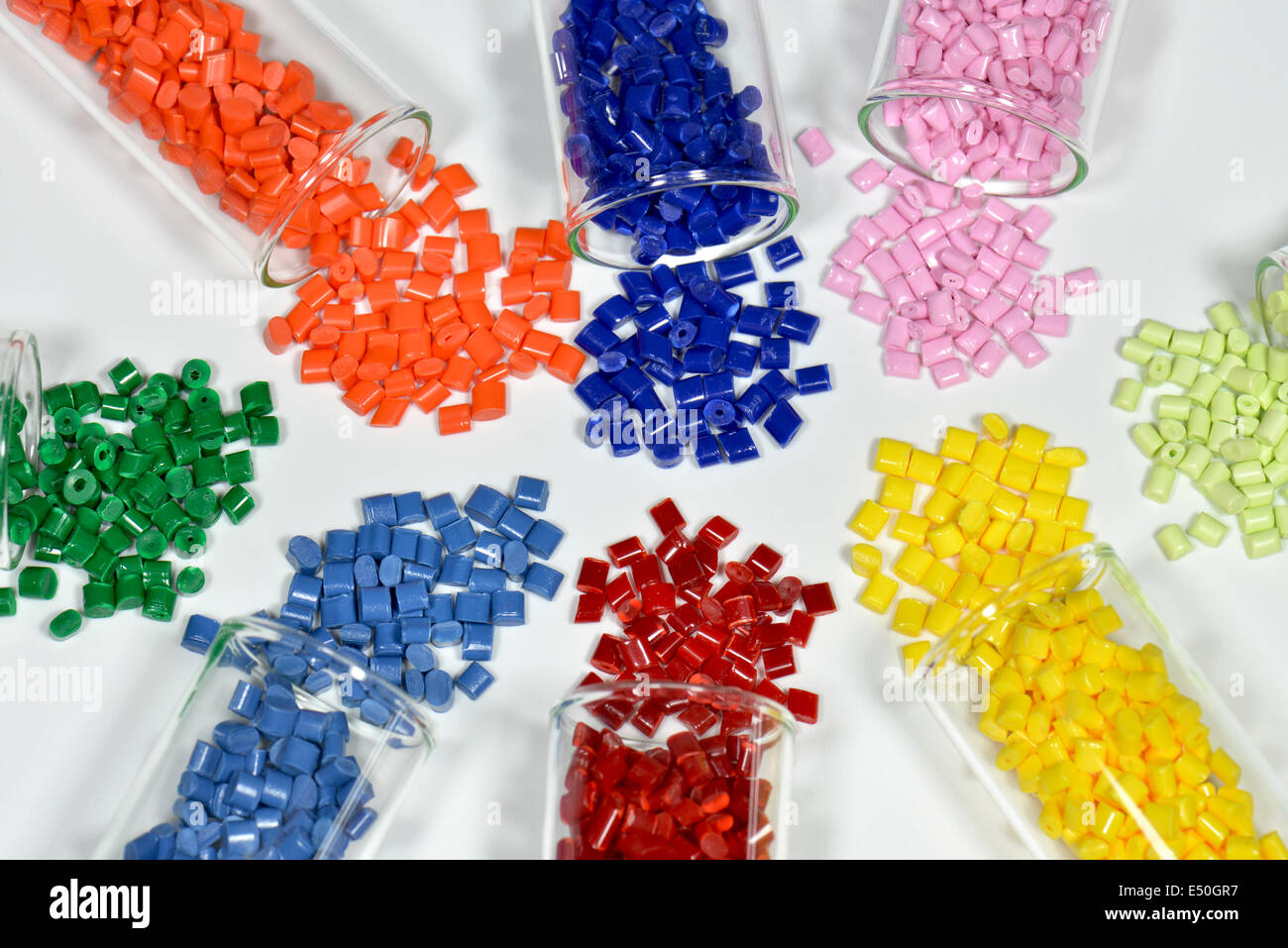 dyed polymer resins in laboratory Stock Photo