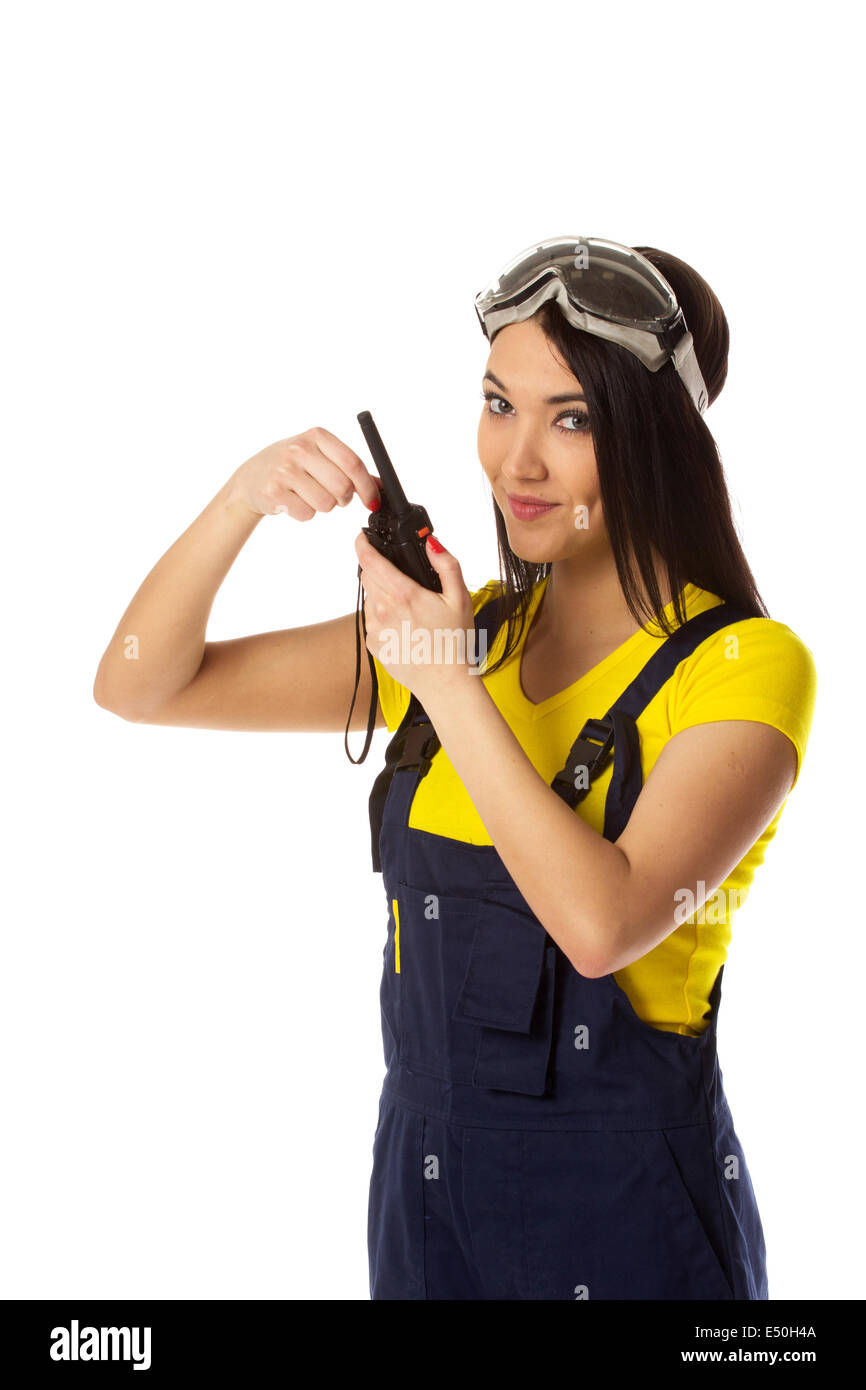 Woman hold cb radio. Stock Photo