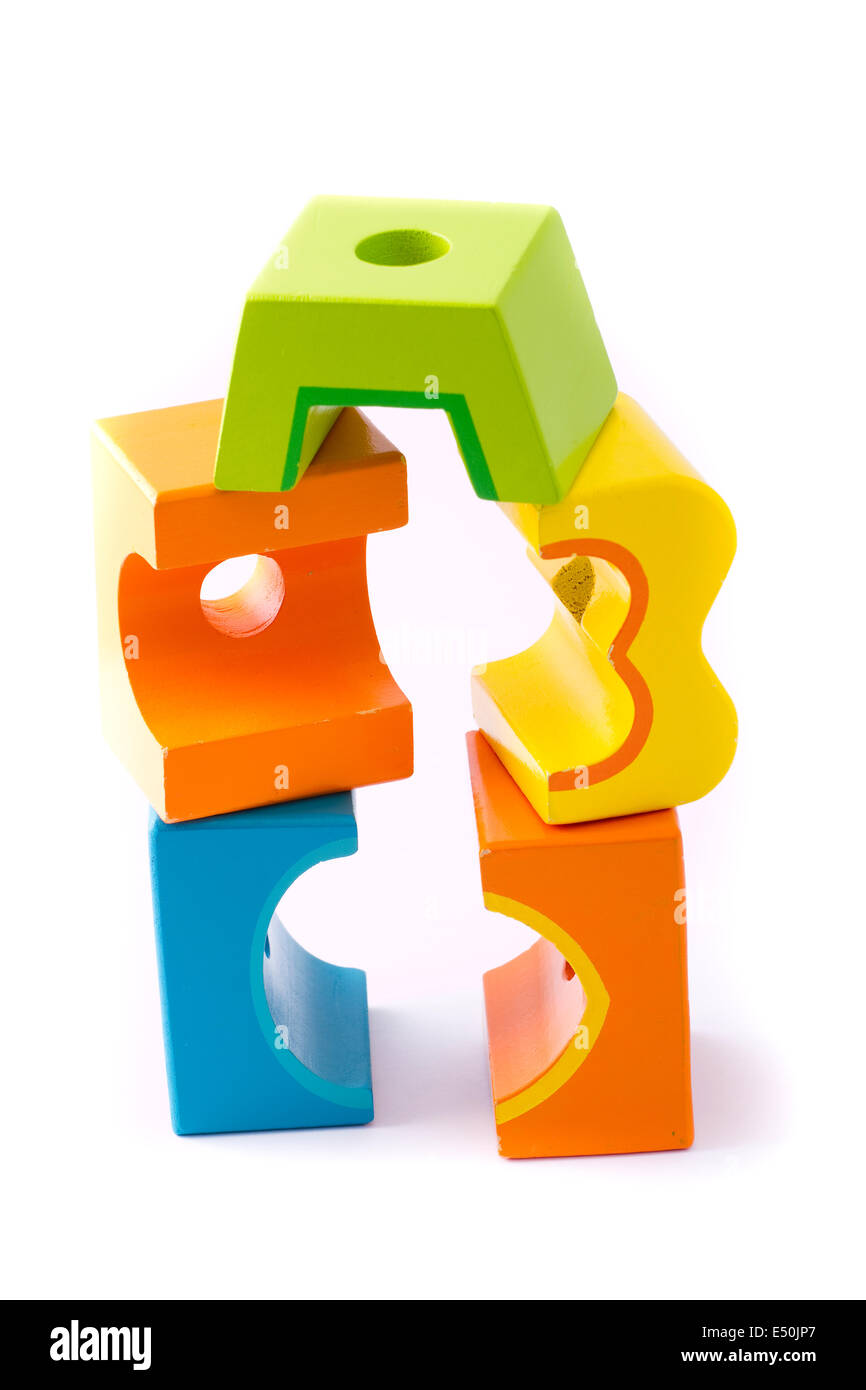 Wooden building blocks on white background Stock Photo - Alamy