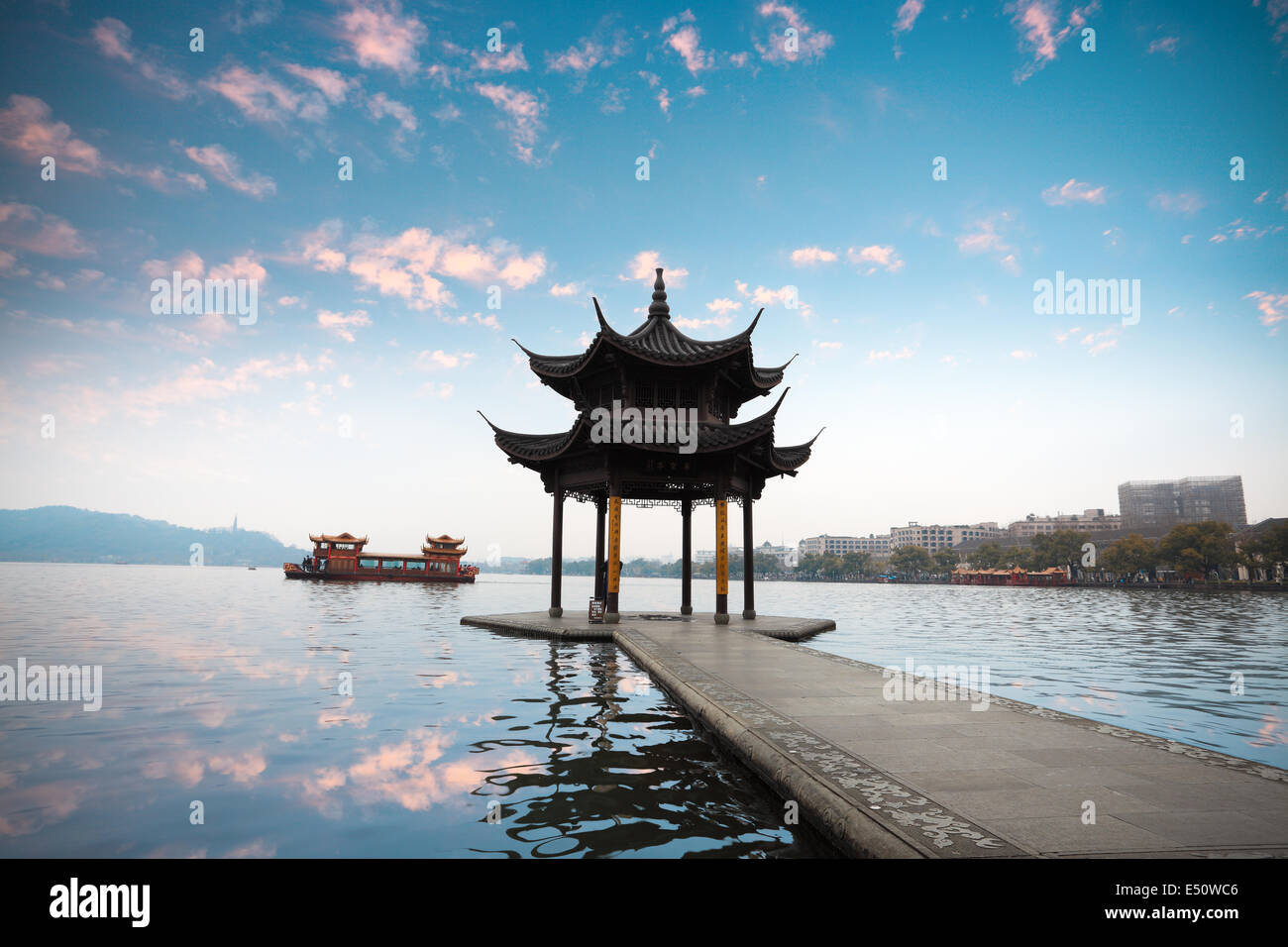 hangzhou pavilion with sunset glow Stock Photo