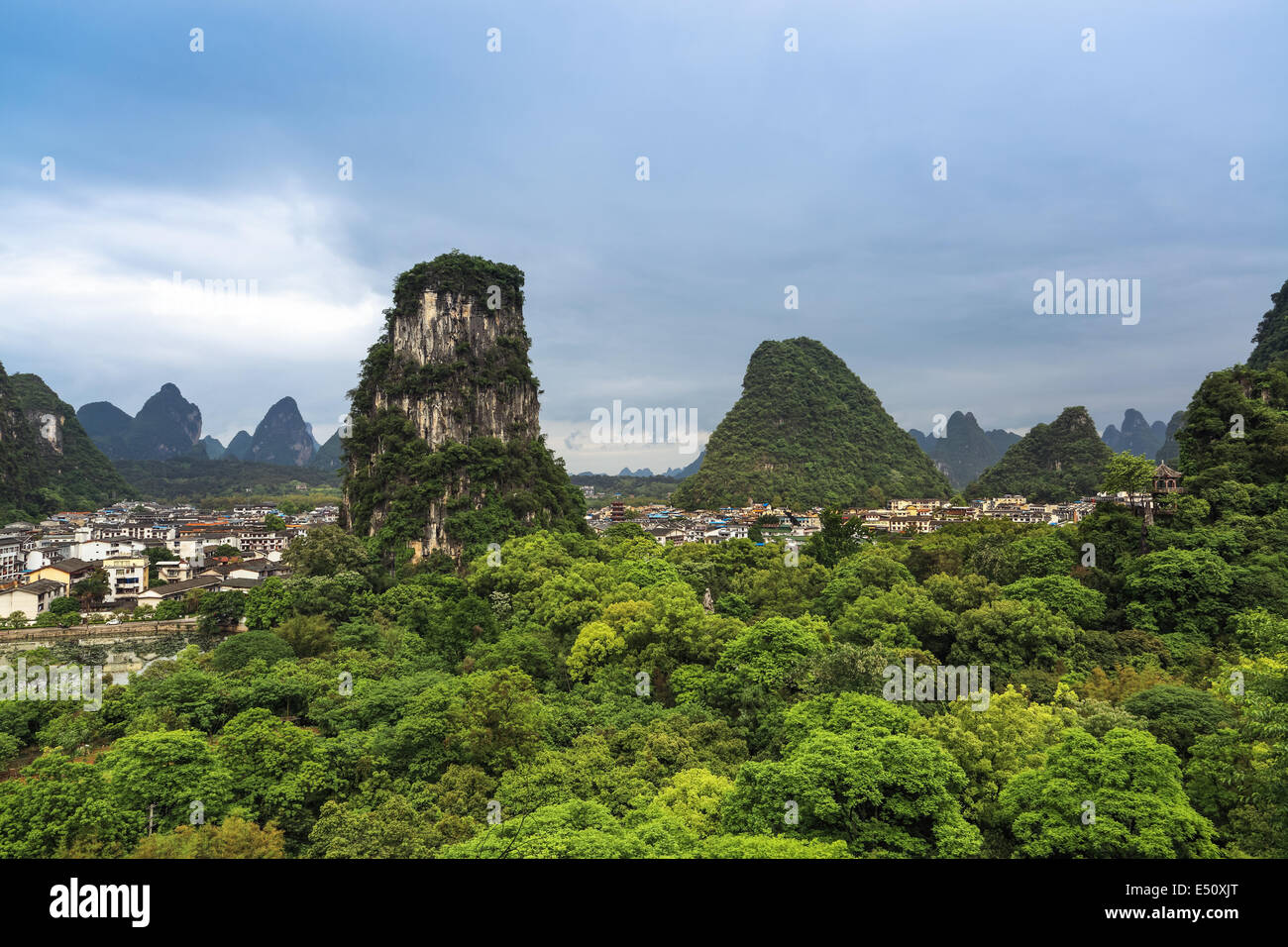 yangshuo county town surrounded by mountains Stock Photo