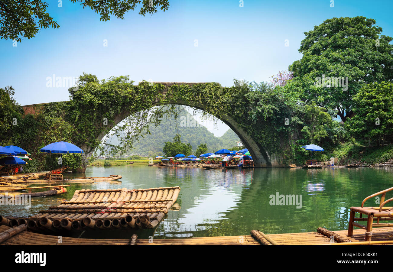 panoramic view of old stone arch bridge Stock Photo