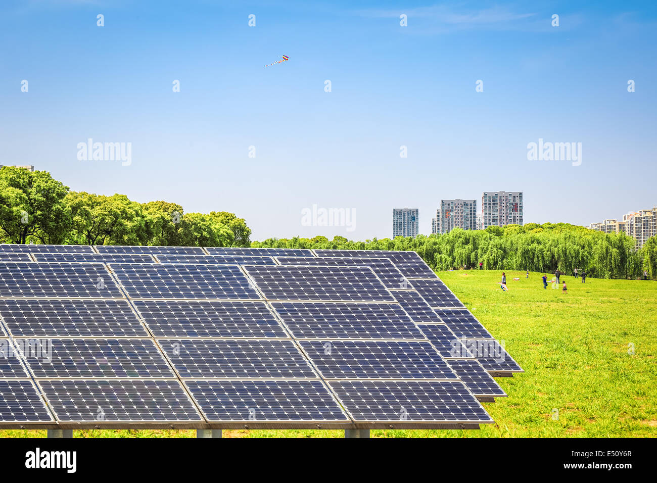 solar panels in the park of modern city Stock Photo
