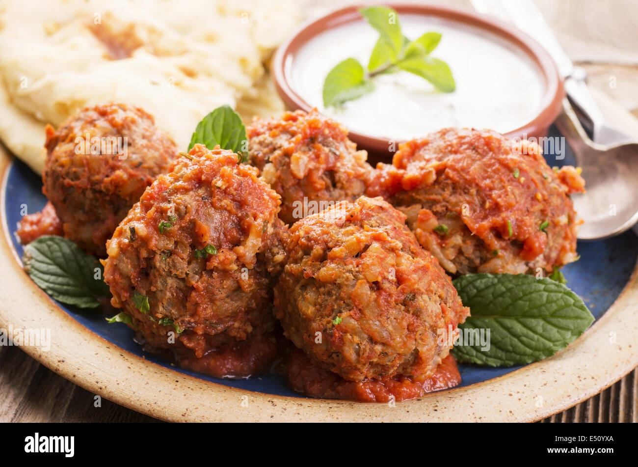 meatballs with yoghurt dip and bread Stock Photo Alamy