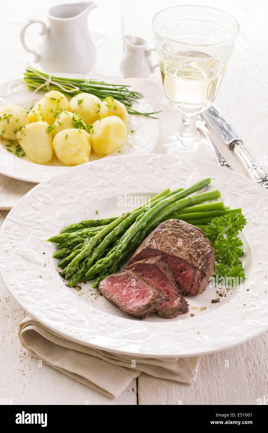 green asparagus with steak Stock Photo