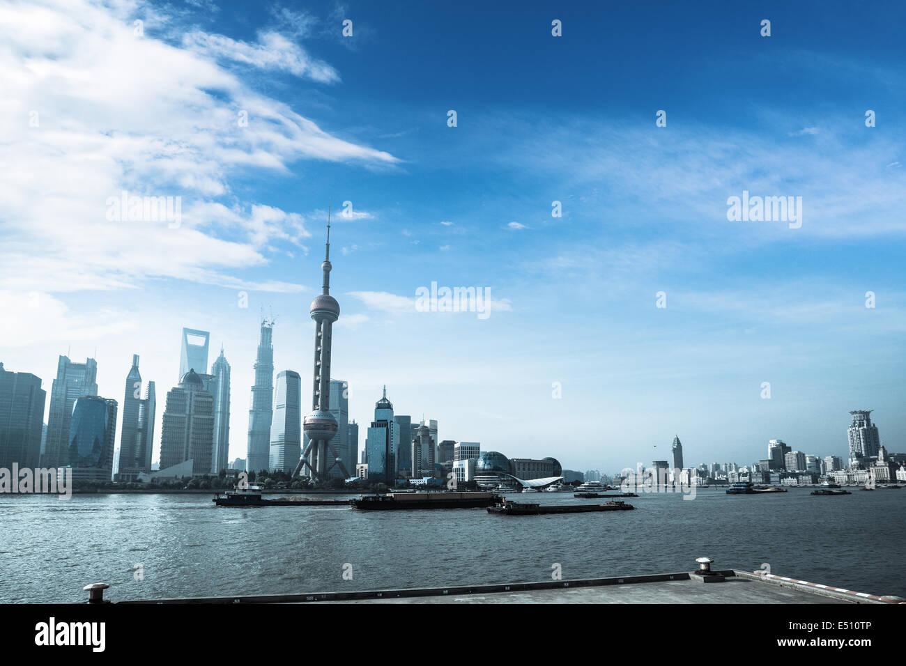 shanghai skyline and busy huangpu river Stock Photo