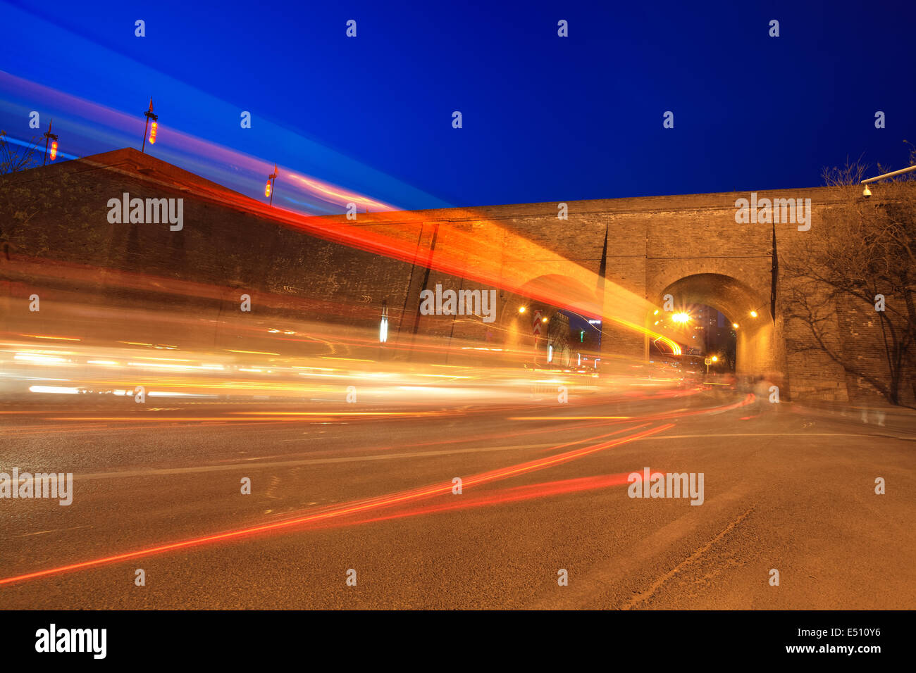 light trails through the ancient city wall Stock Photo
