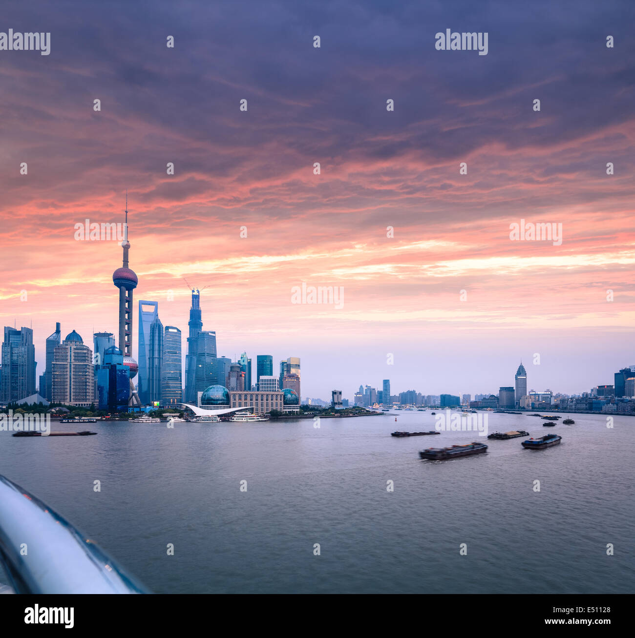 shanghai skyline with huangpu river at dusk Stock Photo