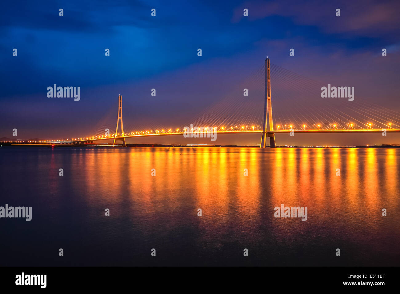 cable-stayed bridge at night Stock Photo