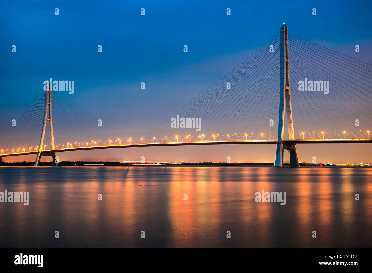 cable stayed bridge at night Stock Photo