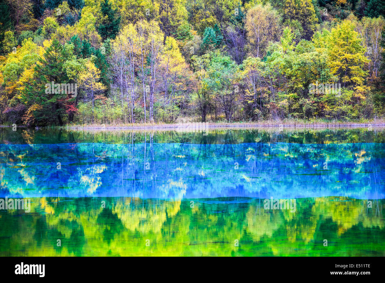 colorful lake in jiuzhaigou valley Stock Photo