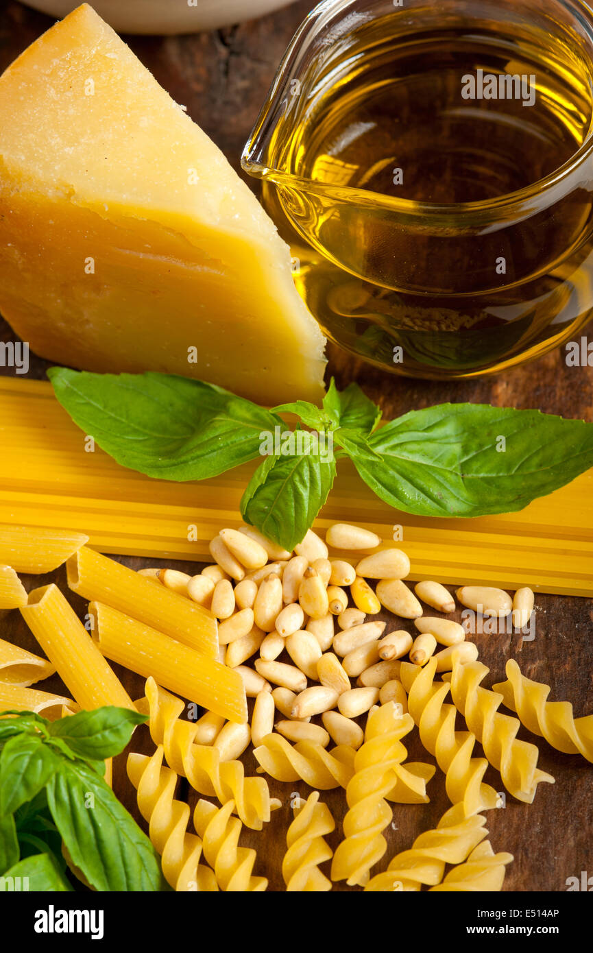 Italian basil pesto pasta ingredients Stock Photo Alamy