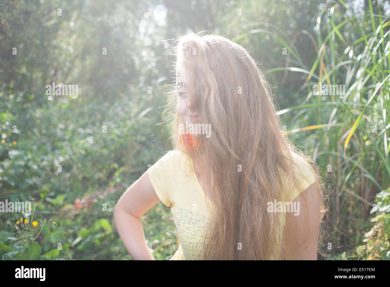 Pretty blonde outdoors. Colorized image Stock Photo
