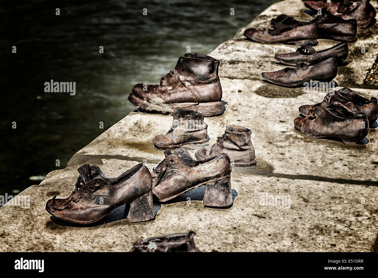 Iron shoes on the Pest side of the danube honouring the jews killed during the world wide war II Stock Photo