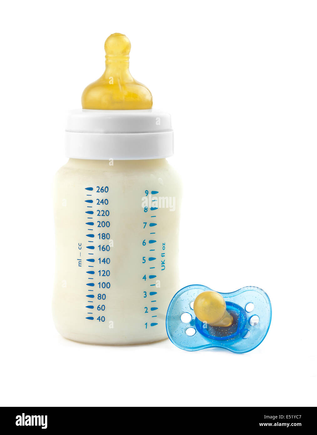 baby bottle and pacifier on a white background Stock Photo