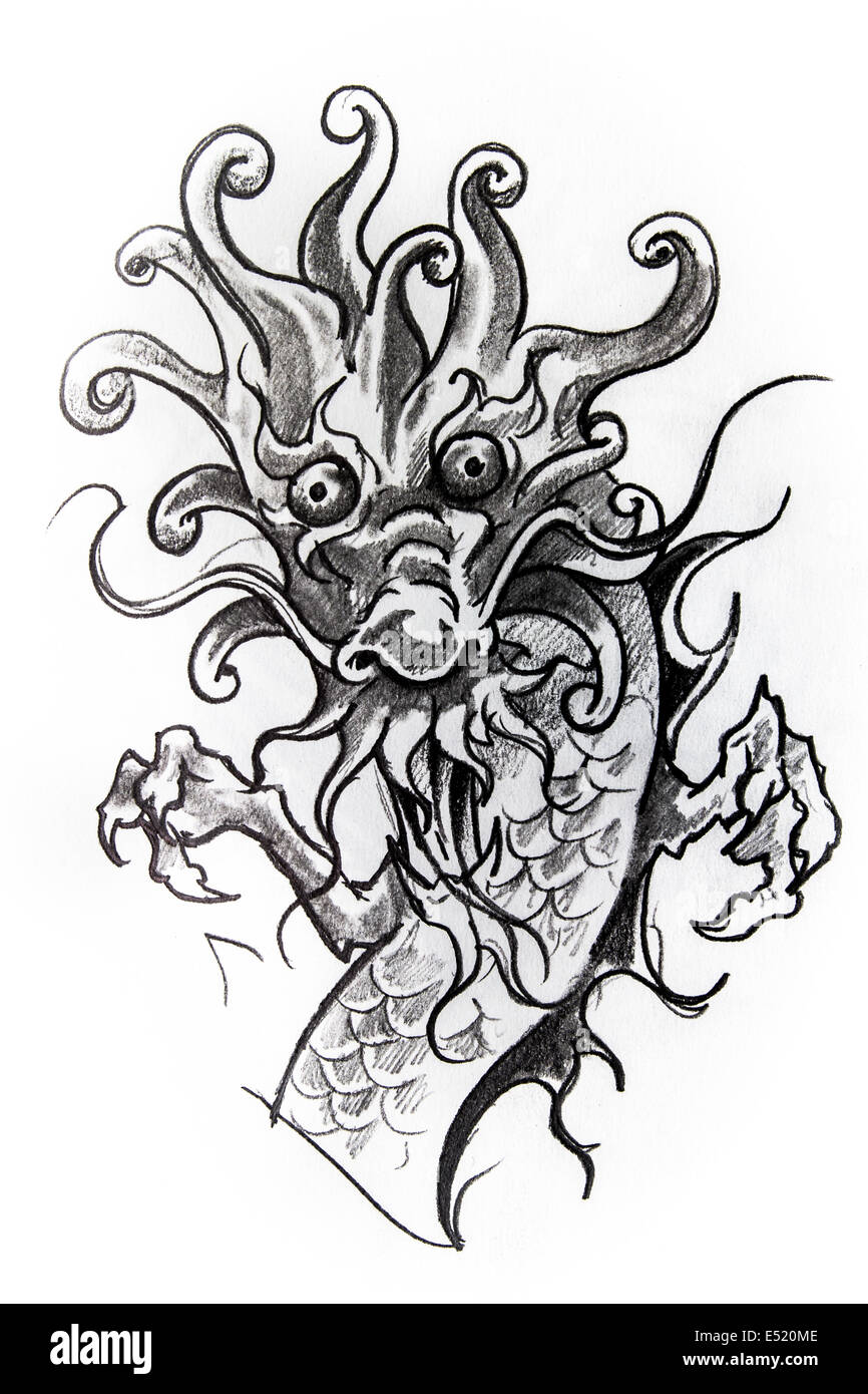 Japanese dragon sketch of tattoo Stock Photo